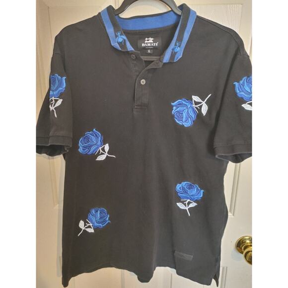 Damati Men's Polo Shirt Embroidered Blue Roses Large - Picture 1 of 7